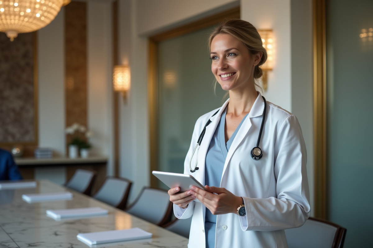 Médecin femme en blouse blanche lors d
