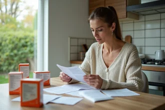 Femme étudie une notice de médicaments à la maison
