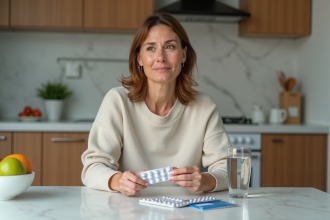 Femme pensant avec médicament dans la cuisine moderne