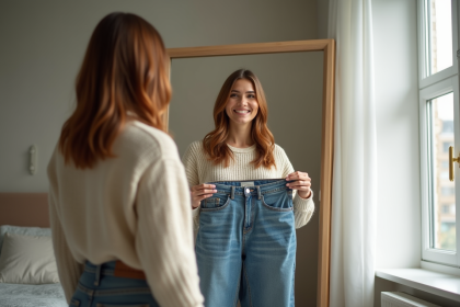 Femme souriante dans sa trentaine se regardant dans un miroir