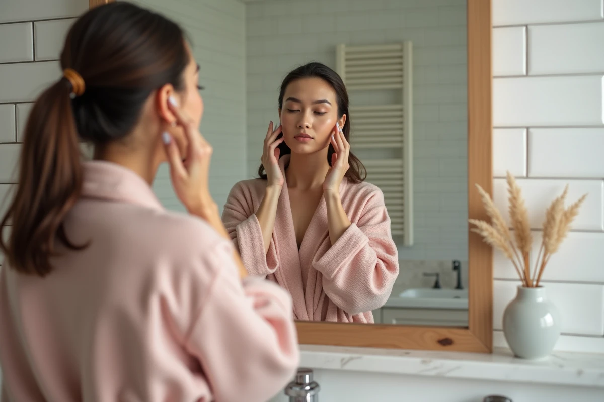 Jeune femme en robe face à son miroir, les mains posées sur sa mâchoire, symbolisant la prise de conscience du lien entre émotions enfouies et douleurs physiques