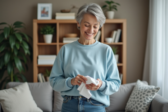 Femme d'âge moyen nettoyant ses mains dans un salon chaleureux