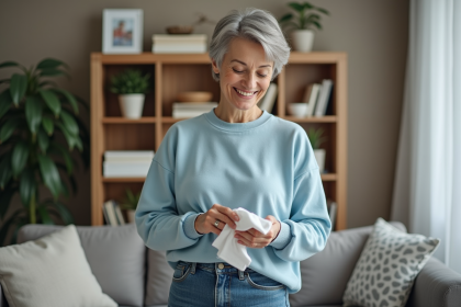 Femme d'âge moyen nettoyant ses mains dans un salon chaleureux