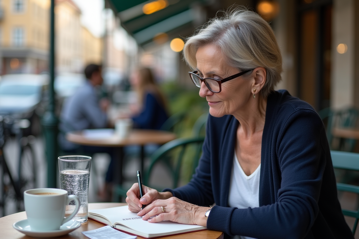 Femme écrivant dans un carnet au café en extérieur