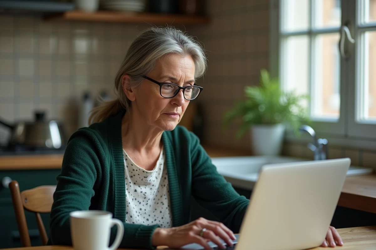 Femme d'âge mûr cherchant une solution alternative pour contacter la CPAM sur son ordinateur portable