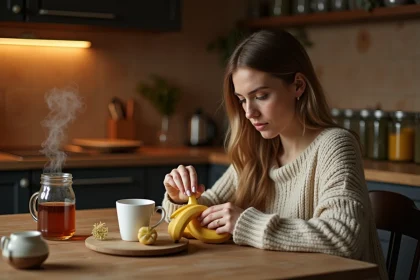 Femme en pull cosy peeland une banane dans la cuisine chaleureuse