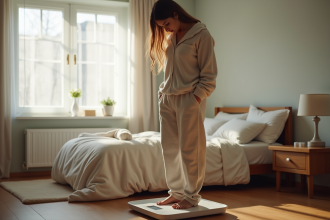 Jeune femme en pyjama se pesant le matin dans une chambre chaleureuse
