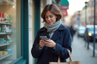Femme d'âge moyen vérifiant son téléphone devant une pharmacie à Gardanne