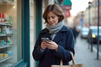 Femme d'âge moyen vérifiant son téléphone devant une pharmacie à Gardanne