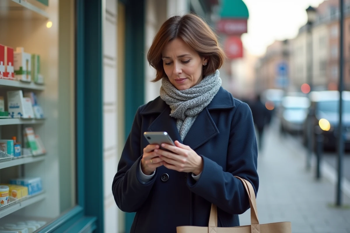 Femme d'âge moyen vérifiant son téléphone devant une pharmacie à Gardanne