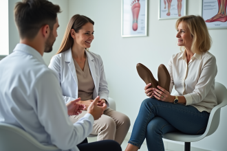 Femme d'âge moyen discutant de chaussures confortables avec un podologue