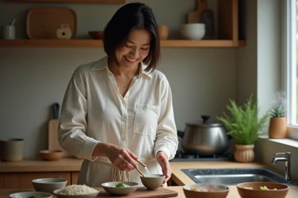 Femme versant de l'eau de riz dans un verre dans une cuisine chaleureuse