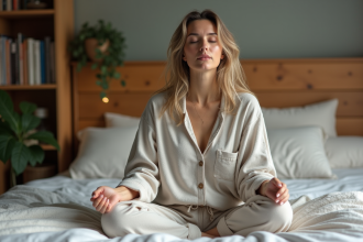 Femme en pyjama calme dans un lit cosy
