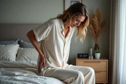 Femme en pyjamas coton assise sur le lit confortable