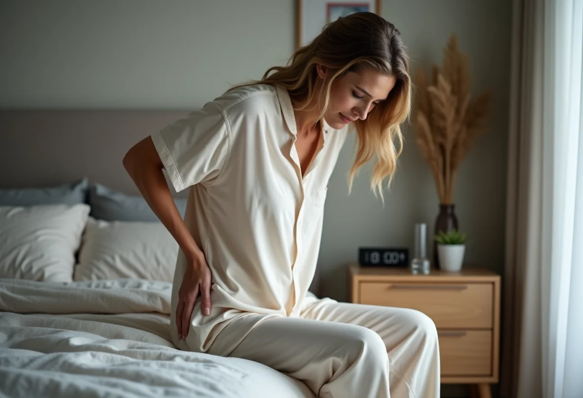 Femme en pyjamas coton assise sur le lit confortable