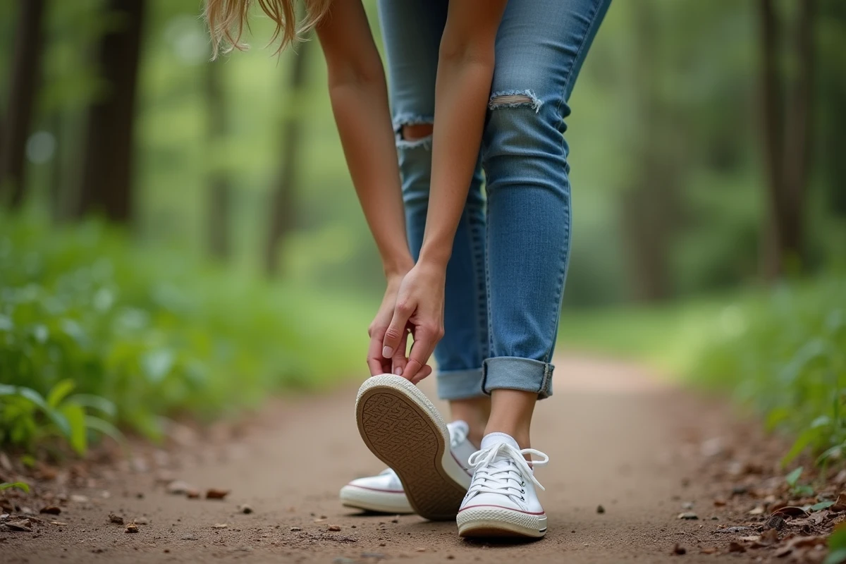 Jeune femme en randonn&eacute;e v&eacute;rifiant son pied
