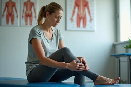 Femme assise sur une table de physioth&eacute;rapie touchant son genou