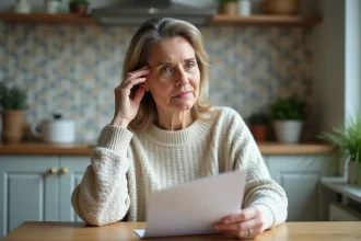 Femme d'âge moyen lisant un dépliant médical à la maison