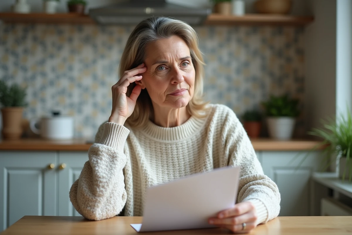 Femme d'âge moyen lisant un dépliant médical à la maison