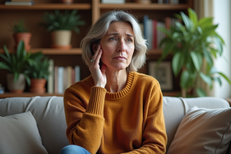 Femme d'âge moyen pensant dans un salon chaleureux