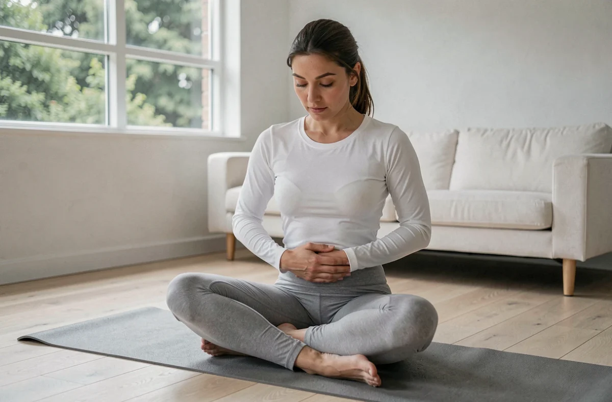 Jeune femme pratiquant la relaxation et prenant conscience de son cycle hormonal et de ses douleurs ovariennes