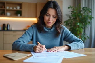 Femme remplissant une demande de Carte Vitale dans la cuisine