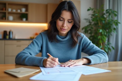 Femme remplissant une demande de Carte Vitale dans la cuisine