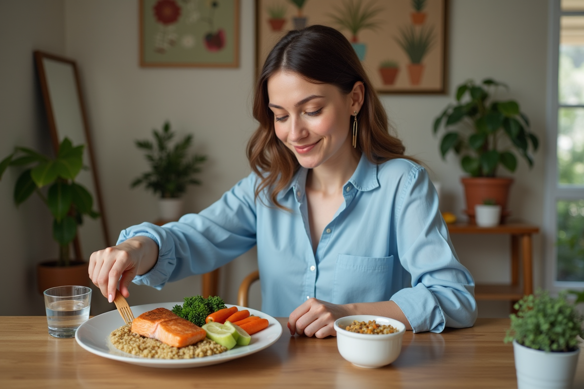 Jeune femme préparant un repas équilibré à la maison