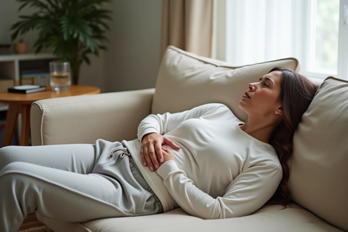 Femme allong&eacute;e sur un canap&eacute; avec la main sur le ventre ressentant une g&ecirc;ne li&eacute;e &agrave; un retard de r&egrave;gles malgr&eacute; un test n&eacute;gatif