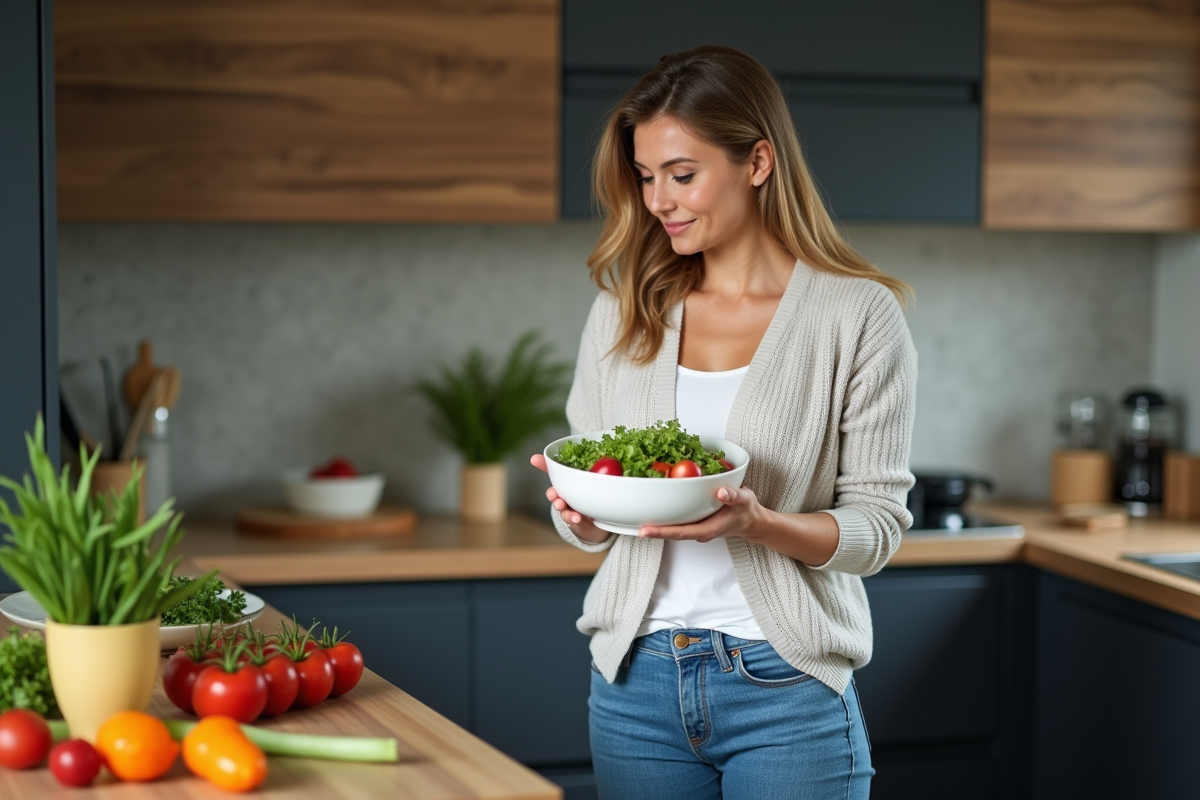Femme souriante avec salade sans gluten dans une cuisine moderne
