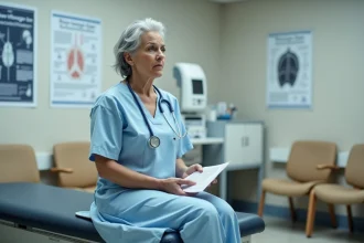 Femme tenant une ordonnance médicale dans une salle d'attente de radiologie, illustrant la question de la radio sans ordonnance