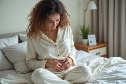 Femme en loungewear examine son ventre dans une chambre moderne