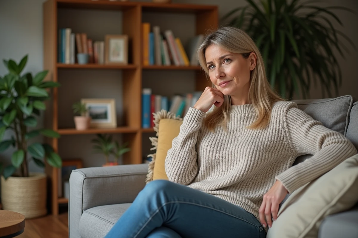 Femme assise sur un canapé dans un salon cosy
