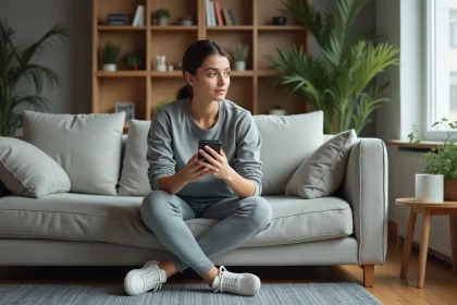 Femme d&eacute;tendue dans son salon avec smartphone