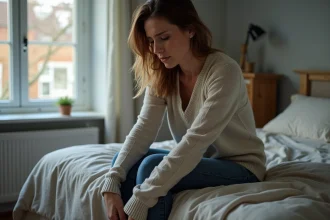 Femme assise sur le lit avec expression introspective