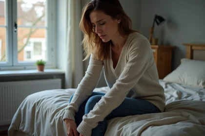 Femme assise sur le lit avec expression introspective
