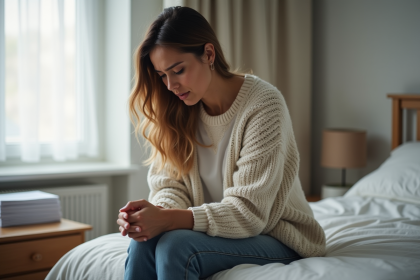 Femme assise sur le lit avec expression préoccupée