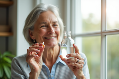 Femme senior souriante tenant une vitamine B12