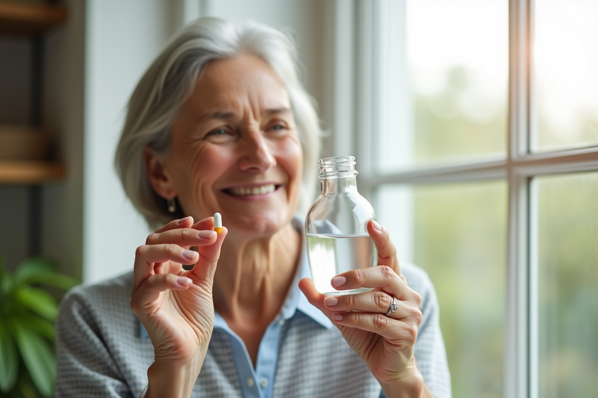 Femme senior souriante tenant une vitamine B12