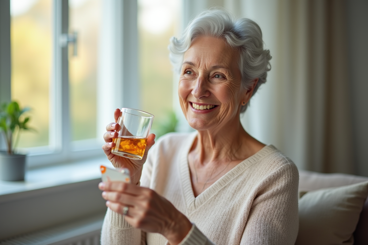 Femme senior souriante tenant un verre d'eau et un blister de vitamine C