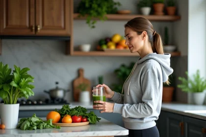 Femme en cuisine préparant un smoothie vert sain