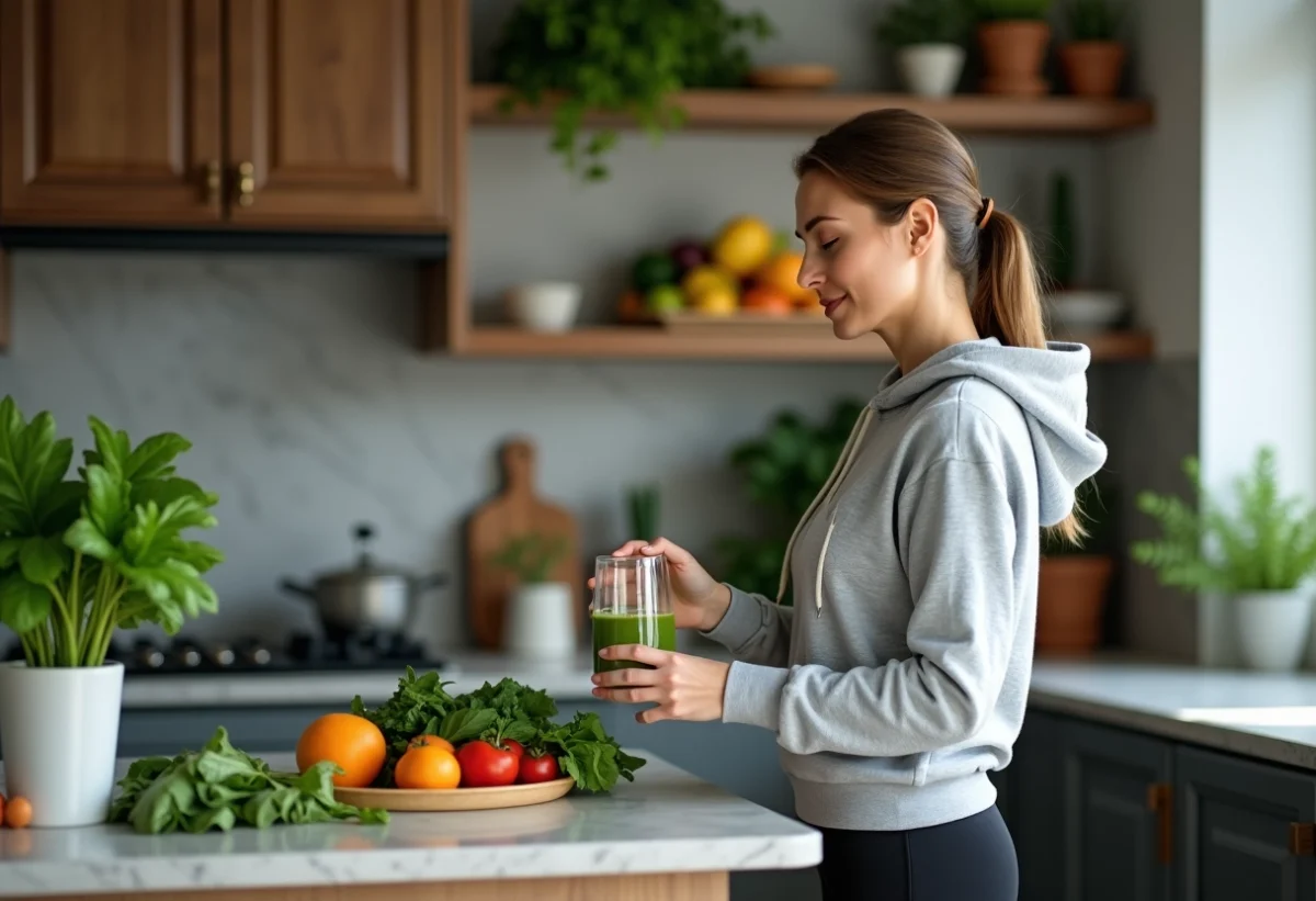 Femme en cuisine préparant un smoothie vert sain