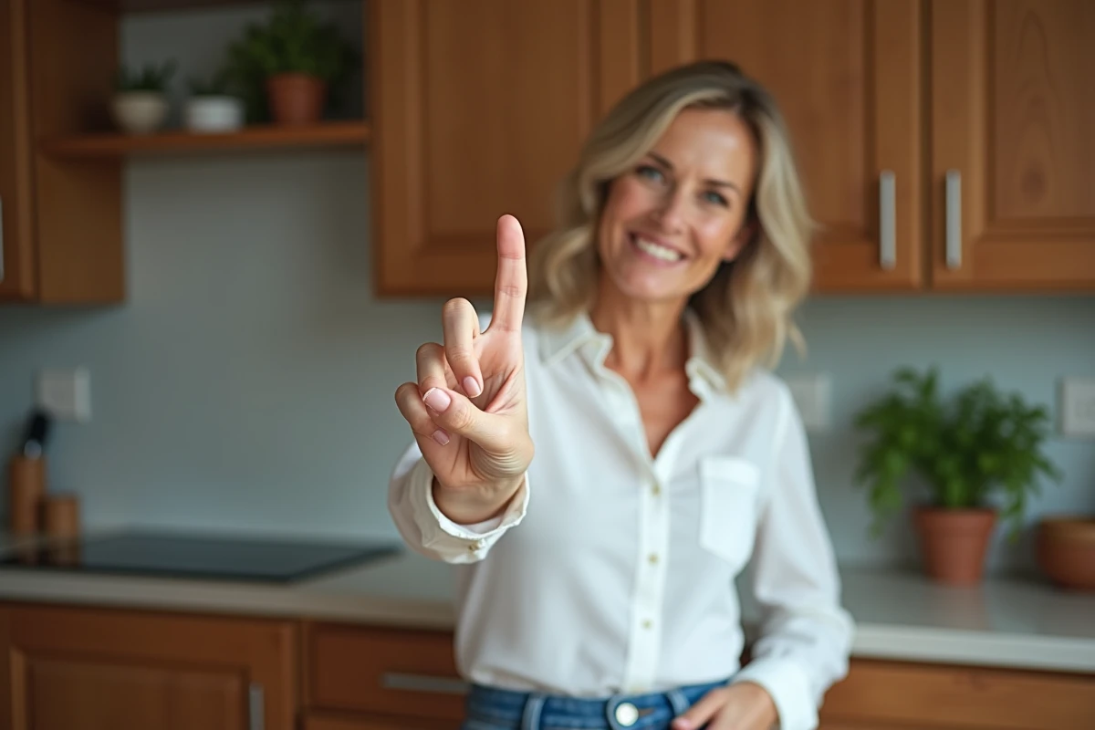 Femme souriante en blouse blanche et jeans dans la cuisine