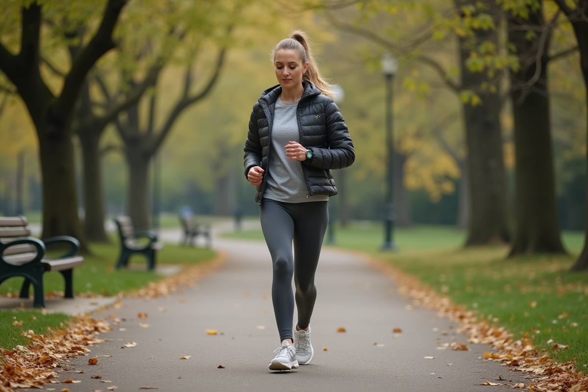 Femme en mouvement dans un parc automnal en tenue de sport