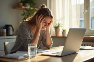 Femme stressée au travail dans la cuisine ensoleillée