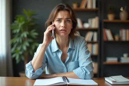 Femme frustrée au téléphone essayant de contacter la CPAM depuis son bureau à domicile
