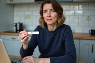 Femme avec test Covid négatif dans une cuisine moderne