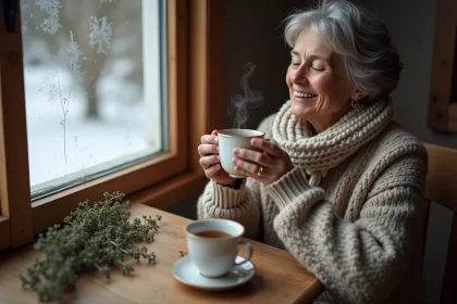 Femme en pull laineux tenant une tisane de thym