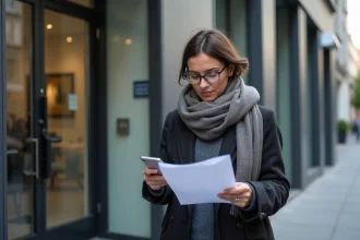Femme d'âge moyen vérifiant son téléphone devant un bâtiment CPAM