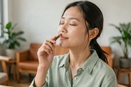 Jeune femme thaïlandaise utilisant un stick aromatique Yadom pour soulager le stress dans un appartement moderne